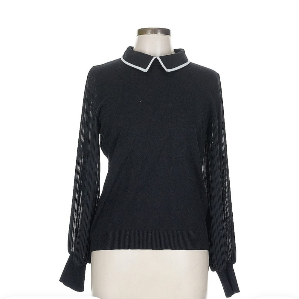 Liquid Black Peter Pan Collar Sweater Pleated Sheer Sleeve Top 14984-701RS L